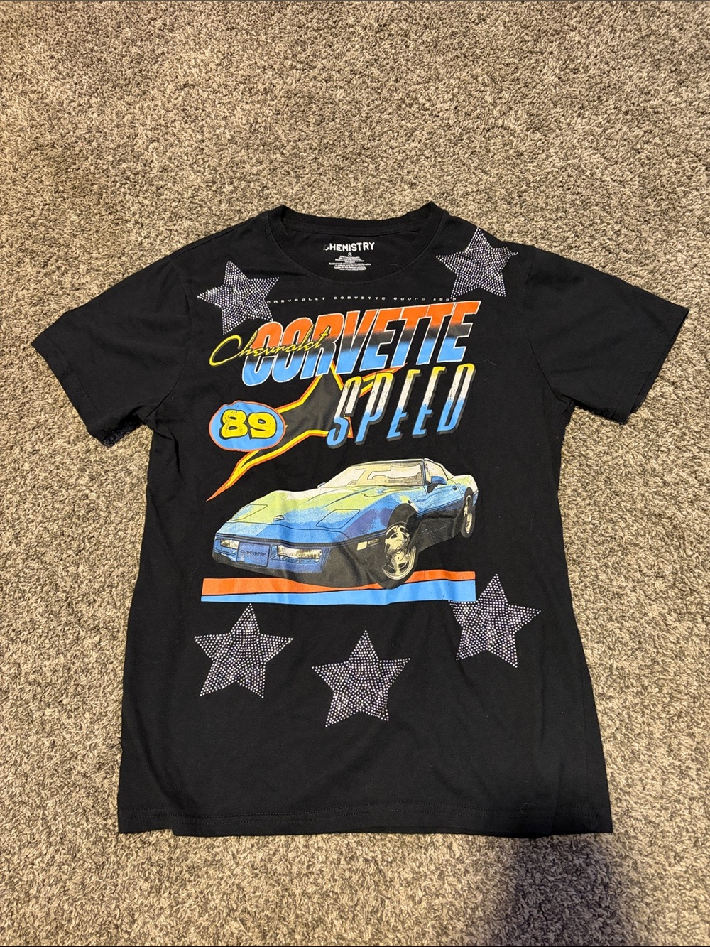 Chemistry Kids Black Graphic 'Corvette Speed' Tee with Blue & Yellow Accents
